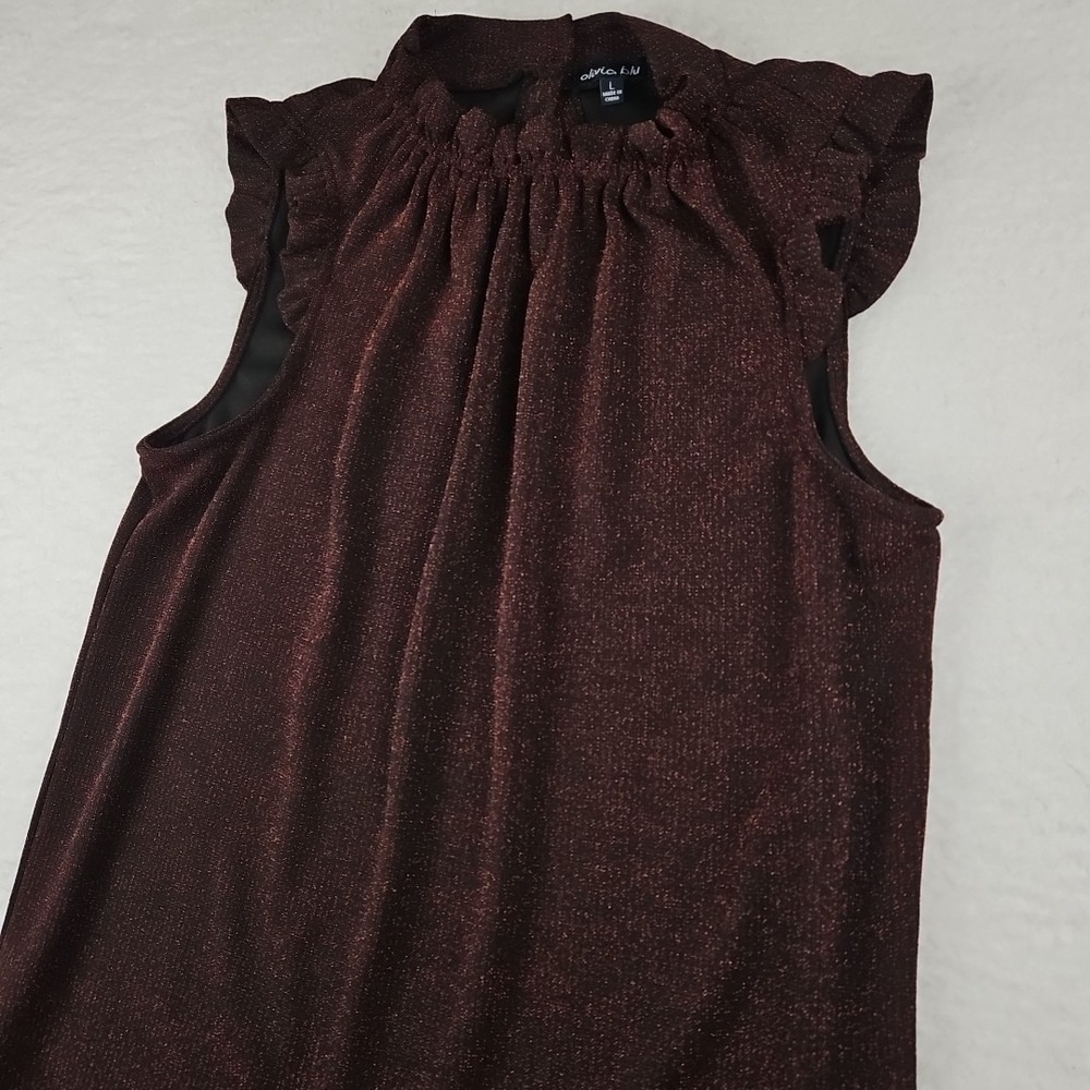 Womens Olivia Blu Pullover Top Black With Woven Metallic Red Sleeveless Ruffles